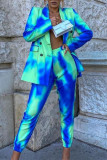 Pantaloni Cardigan Tie Dye con stampa casual blu alla moda, colletto rovesciato, due pezzi