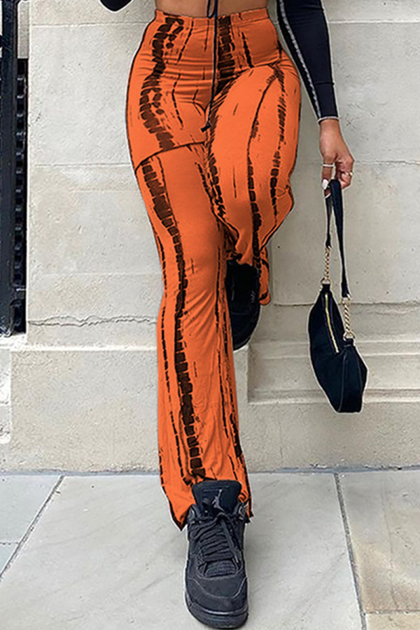 Pantaloni con stampa completa di altoparlanti a vita alta con stampa patchwork arancione casual