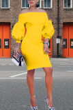 Robes jupe crayon jaune sexy en patchwork solide à épaules dénudées