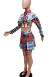 Multicolor Casual Plaid Print Patchwork Zipper Collar Long Sleeve Two Pieces