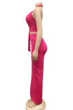 Rose Red Sexy Solid Hollowed Out Halter Sleeveless Two Pieces