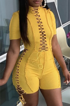 Yellow Sexy Solid Hollowed Out Half A Turtleneck Skinny Rompers