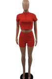 Red Casual Solid Patchwork Zipper Collar Short Sleeve Two Pieces