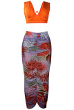 Orange Sexy Casual Print Vests V Neck Sleeveless Two Pieces