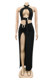 Black Sexy Solid Hollowed Out Halter Sleeveless Two Pieces