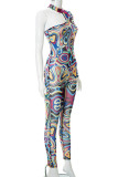 Blue Sexy Print Hollowed Out Patchwork Half A Turtleneck Skinny Jumpsuits