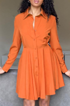 Tangerine Red Casual Solid Patchwork Turndown Collar Shirt Dress Robes