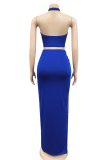 Blue Sexy Solid Hollowed Out Halter Sleeveless Two Pieces