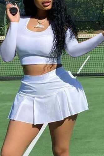 White Sexy Solid Hollowed Out Asymmetrical U Neck Long Sleeve Two Pieces