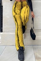 Pantaloni con stampa completa di altoparlanti a vita alta con stampa patchwork gialla casual