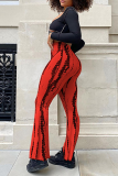Pantalones con estampado casual y estampado de patchwork con corte de bota y altavoz de cintura alta con estampado completo rojo