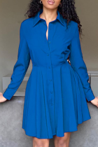 ブルー カジュアル ソリッド パッチワーク ターンダウンカラー シャツドレス ドレス