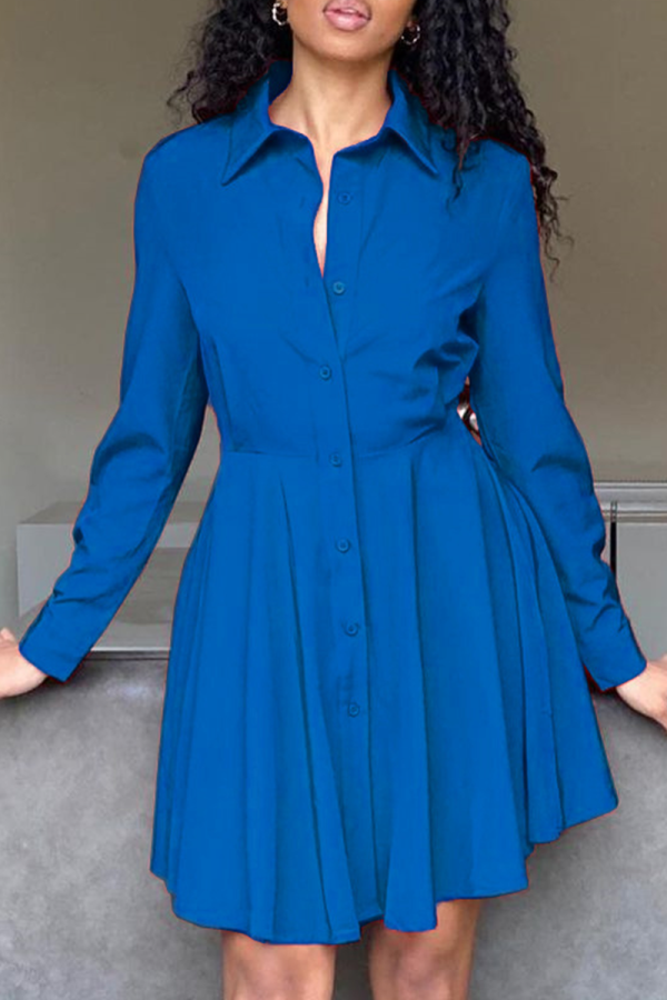 Robes de robe de chemise à col rabattu décontractées en patchwork uni bleu