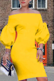 Robes jupe crayon jaune sexy en patchwork solide à épaules dénudées