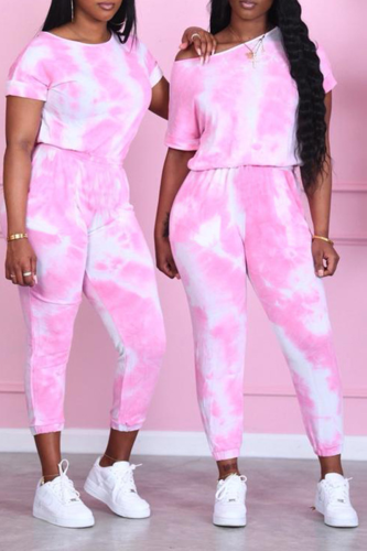 Pink Casual Patchwork Tie-dye One Shoulder Short Sleeve Two Pieces