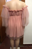 Абрикосовое повседневное сплошное сетчатое платье с открытыми плечами Нерегулярное платье Платья