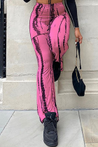 Pantaloni con stampa completa di altoparlanti a vita alta con stampa patchwork rosa casual