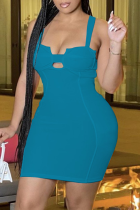 Azul sexy sólido ahuecado hacia fuera correa de espagueti lápiz falda vestidos