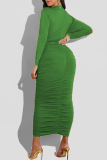 Green Sexy Solid Fold O Neck Long Sleeve Two Pieces