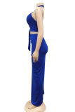 Blue Sexy Solid Hollowed Out Halter Sleeveless Two Pieces