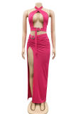Rose Red Sexy Solid Hollowed Out Halter Sleeveless Two Pieces