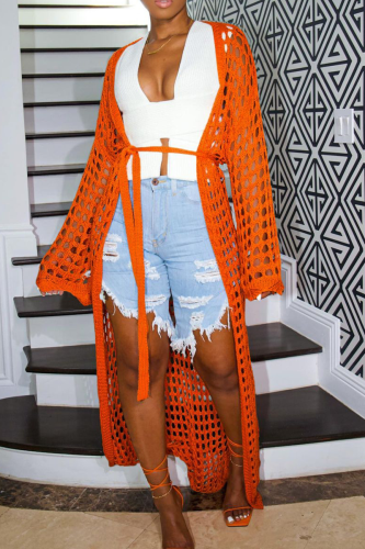 Orange Casual Solid Hollowed Out Outerwear