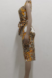 Gele sexy casual print basic mouwloze jurk met ritskraag