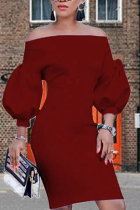 バーガンディのセクシーなソリッドパッチワークオフショルダーペンシルスカートドレス