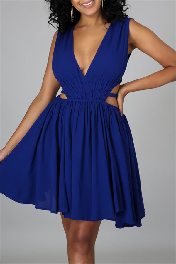 Синее сексуальное повседневное однотонное платье без рукавов с вырезом на спине и V-образным вырезом