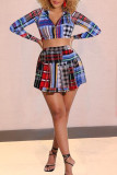 Multicolor Casual Plaid Print Patchwork Zipper Collar Long Sleeve Two Pieces