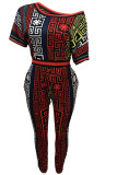 Red Black Street Print Patchwork O Neck Straight Jumpsuits
