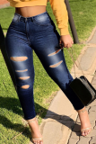 Middelblauwe casual, effen skinny jeans met gescheurde taille en middelhoge taille