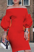 Red Sexy Solid Patchwork Off the Shoulder Pencil Skirt Dresses
