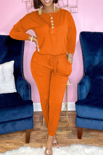 Tangerine Red Casual Solid Patchwork O Neck Long Sleeve Two Pieces