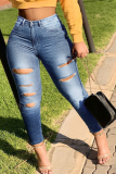 Middelblauwe casual, effen skinny jeans met gescheurde taille en middelhoge taille