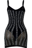Black Fashion Sexy Patchwork Backless Hot Drill V Neck Sling Dress