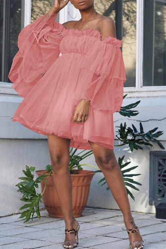 Pink Casual Solid Mesh Off the Shoulder Irregular Dress Dresses