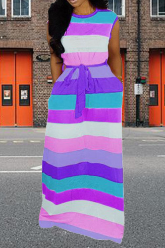 Пурпурные повседневные полосатые лоскутные прямые платья с круглым вырезом