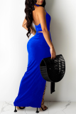 Blue Sexy Solid Hollowed Out Halter Sleeveless Two Pieces