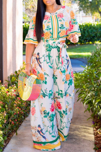 White Fashion Casual Print Basic O Neck Half Sleeve Two Pieces
