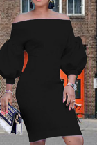 ブラック セクシー ソリッド パッチワーク オフショルダー ペンシル スカート ドレス