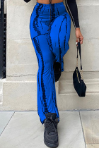 Blaue, lässig bedruckte Patchwork-Boot-Cut-Hose mit hohem Bund und durchgehendem Print