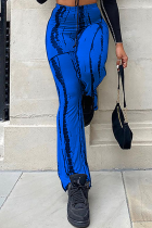 Pantalones con estampado casual y corte de bota con altavoz de cintura alta y estampado completo azul