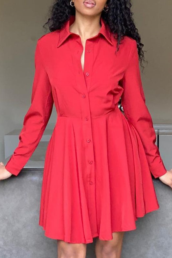 Красное повседневное однотонное платье-рубашка в стиле пэчворк с отложным воротником Платья Платья