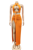 Orange Sexy Solid Hollowed Out Halter Sleeveless Two Pieces
