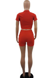 Red Casual Solid Patchwork Zipper Collar Short Sleeve Two Pieces