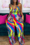 Colour Sexy Casual Print Backless Spaghetti Strap Plus Size Jumpsuits