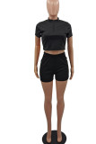 Black Casual Solid Patchwork Zipper Collar Short Sleeve Two Pieces