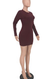 Burgundy Casual Solid Patchwork O Neck Pencil Skirt Dresses