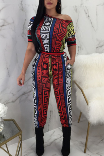 Red Black Street Print Patchwork O Neck Straight Jumpsuits